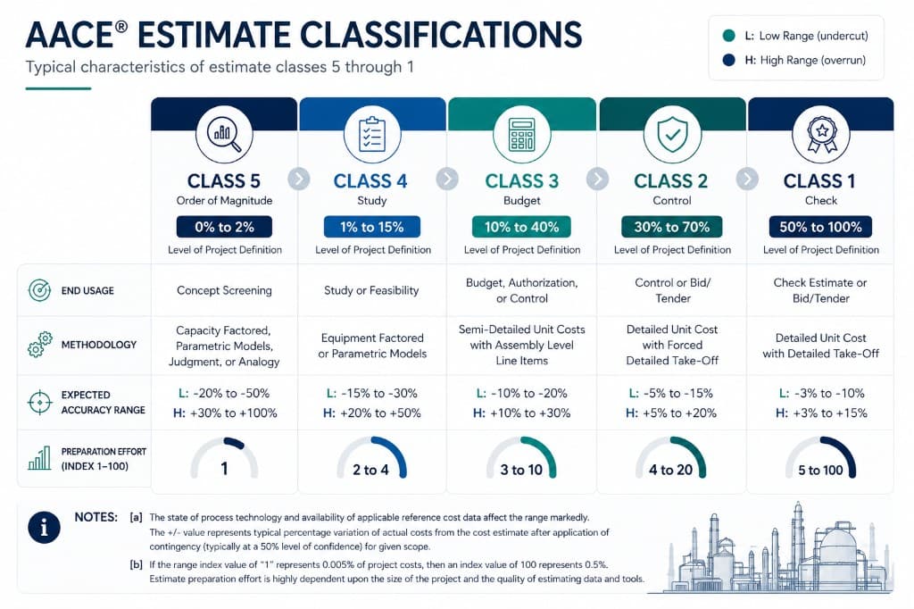 AACE estimate classification table for industrial project costing and procurement timing